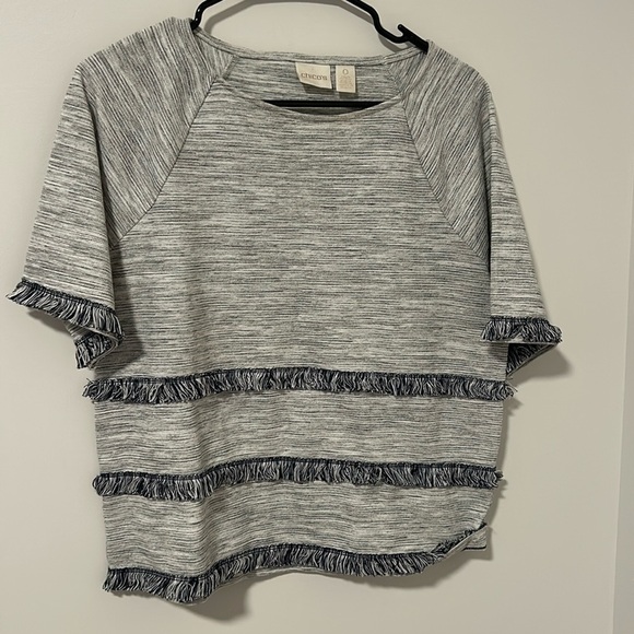 Chico’s 60% Cotton Gray Tunic Style Fringe Lagenlook Short Sleeve Size 0 Small - Picture 1 of 4